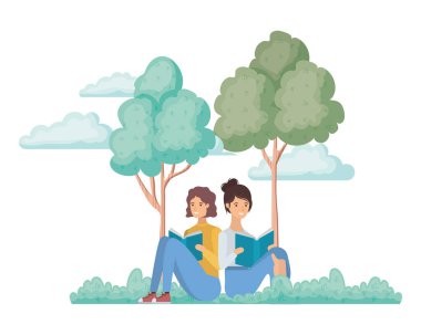 ağaçlar ve bitkiler ile peyzaj kitap ile oturan çift