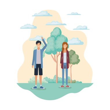 Ağaçları ve bitkileri olan genç bir çift.