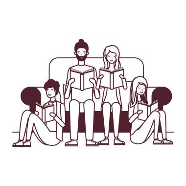 elinde kitap ile sandalyede oturan bir grup insan