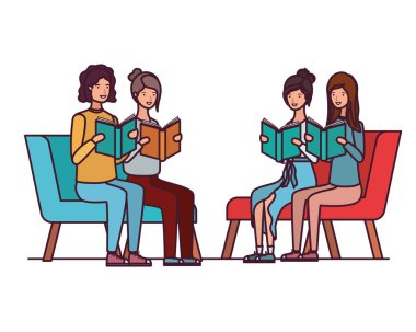 elinde kitap ile sandalyede oturan bir grup insan