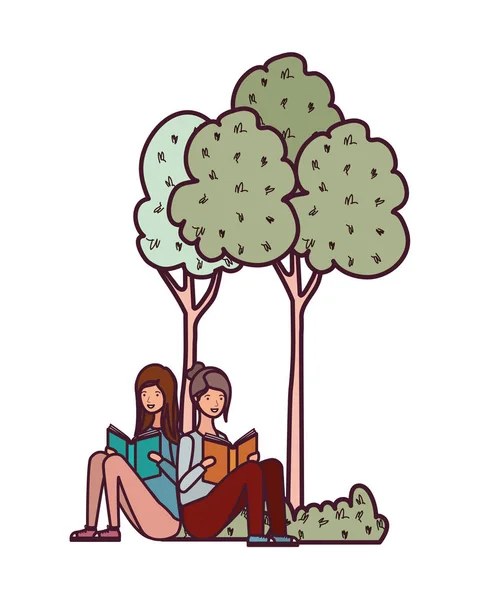 Γυναίκες που κάθονται με το βιβλίο στο τοπίο με δέντρα και φυτά — Διανυσματικό Αρχείο