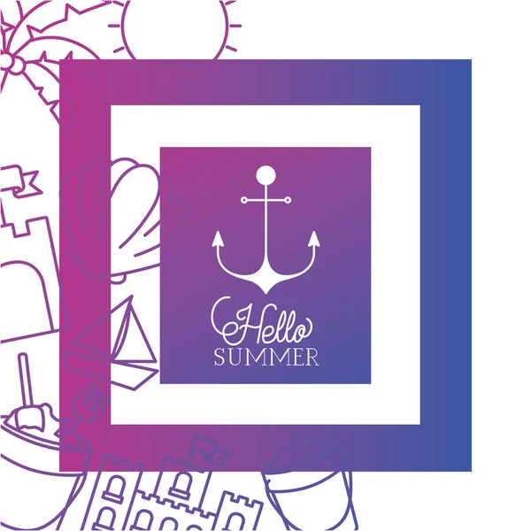 Hello summer label with coloring image — стоковый вектор
