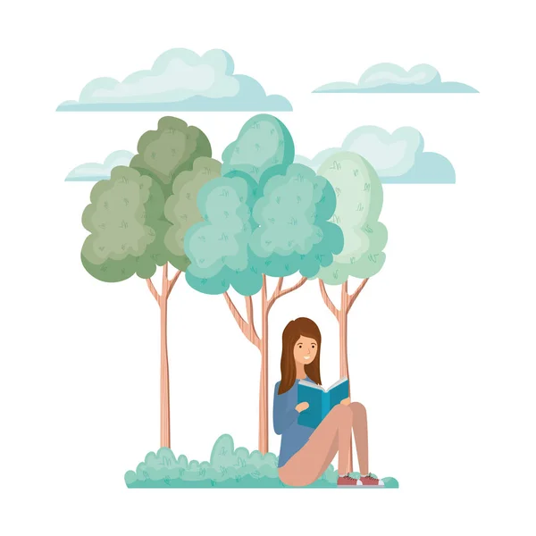 Frau sitzt mit Buch in Landschaft mit Bäumen und Pflanzen — Stockvektor