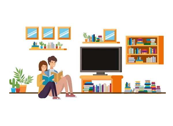 Couple with book in hands in living room — Stock Vector