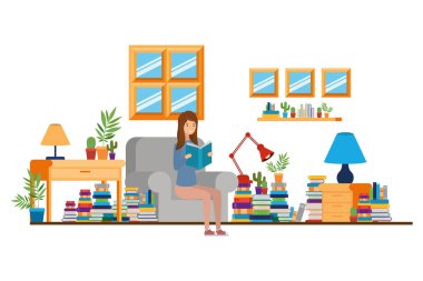 Elinde kitap olan kadın oturma odasında.