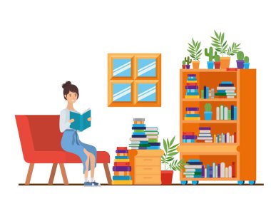 Elinde kitap olan kadın oturma odasında.