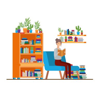 Elinde kitap olan kadın oturma odasında.
