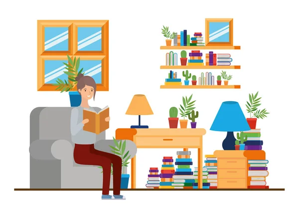 Frau mit Buch in der Hand im Wohnzimmer — Stockvektor