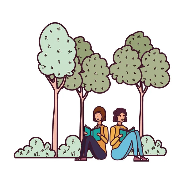 Pareja sentada con libro en paisaje con árboles y plantas — Archivo Imágenes Vectoriales