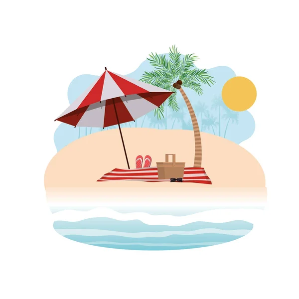 Силуэт пальмы с полосатым пляжным зонтиком — стоковый вектор
