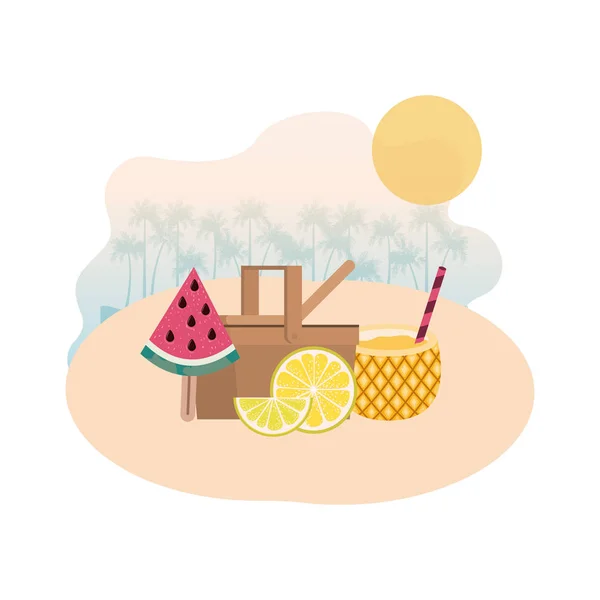 Picnic basket with pineapple cocktail on white background — Stock Vector