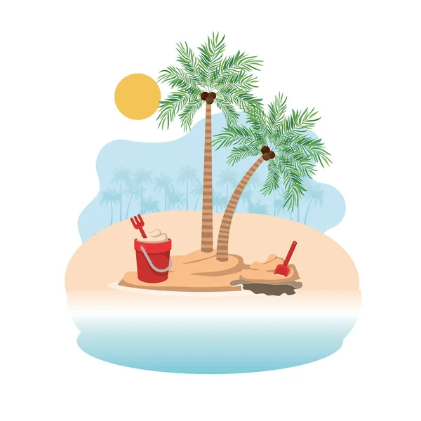 Palmboom met kokos en zand emmer — Stockvector