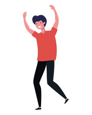 Genç adam beyaz arka planda dans ediyor.