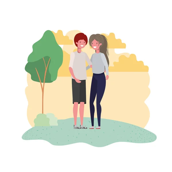 Young couple in landscape with trees and plants — Stock vektor