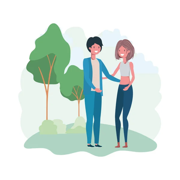 Jovem casal na paisagem com árvores e plantas —  Vetores de Stock