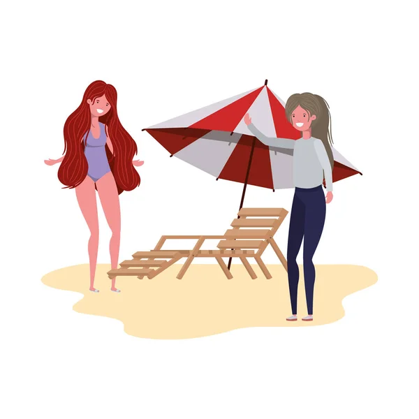 Women standing in the beach with umbrella — 图库矢量图片