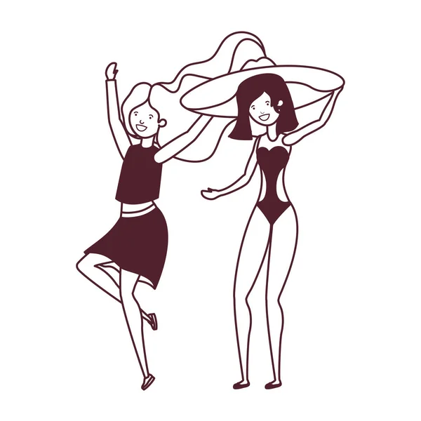 Silhouette di donne danzanti su sfondo bianco — Vettoriale Stock