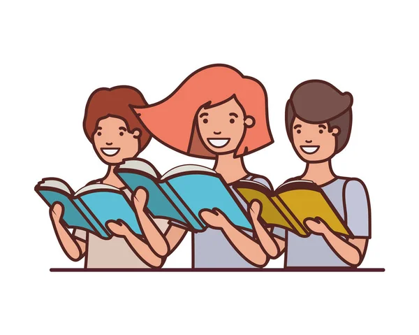 Grupo de estudiantes con libro de lectura en las manos — Vector de stock