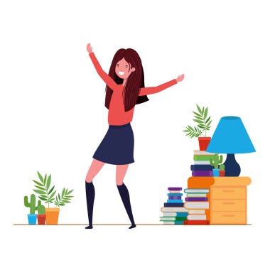 Genç bir kadın oturma odasında dans ediyor.