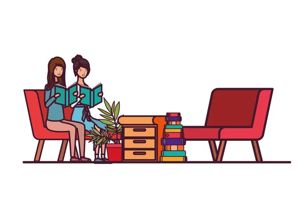 Women with book in hands in living room — 图库矢量图片