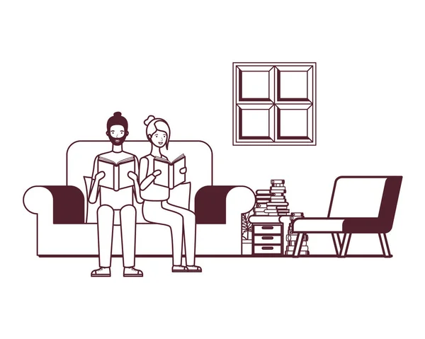 Silueta de pareja con libro en las manos en sala de estar — Vector de stock