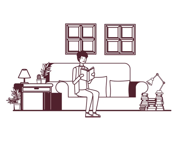 Silhuett av människan med bok i händerna i vardagsrummet — Stock vektor
