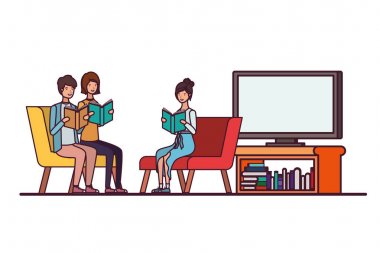 oturma odasında elinde kitap ile insanların grup