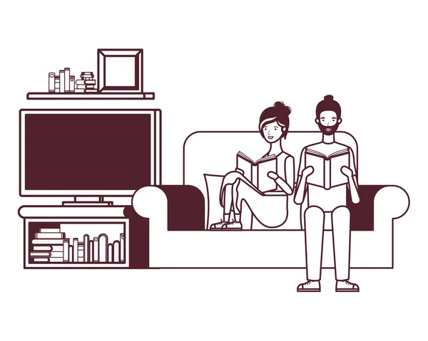 Silhuett av par med bok i händerna i vardagsrummet — Stock vektor