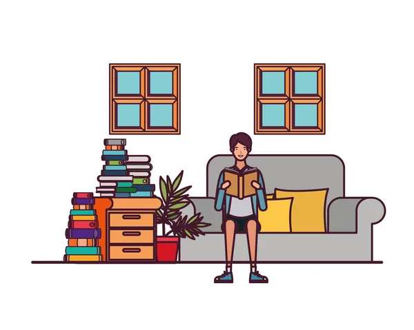 Man med bok i händerna i vardagsrummet — Stock vektor