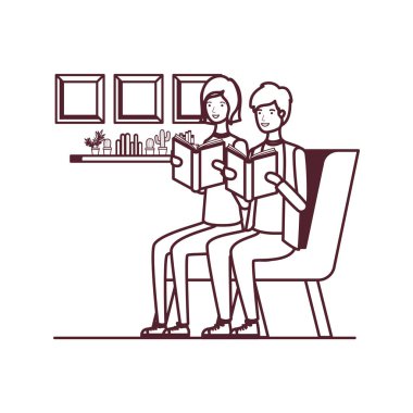 oturma odasında elinde kitap ile çift siluet