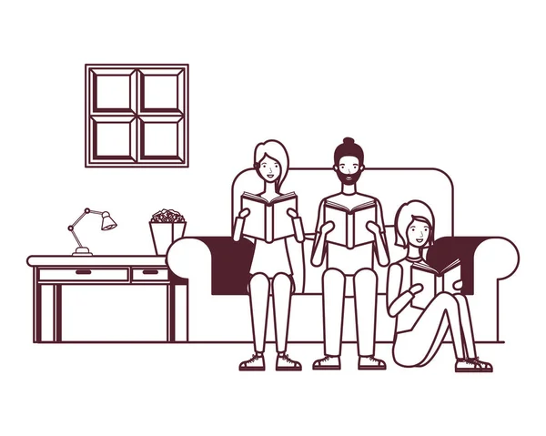 Gruppe von Menschen mit Buch in der Hand im Wohnzimmer — Stockvektor
