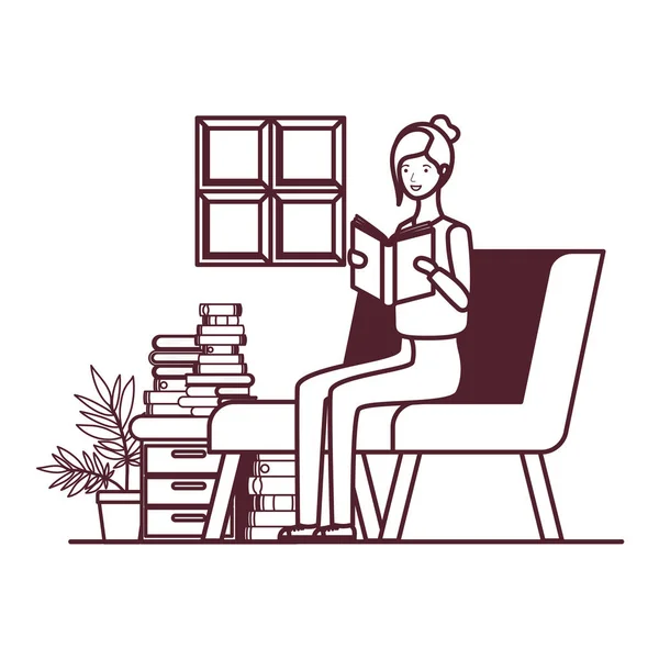 Σιλουέτα της γυναίκας με το βιβλίο στα χέρια στο σαλόνι — Διανυσματικό Αρχείο