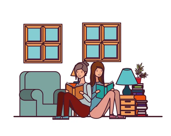 Γυναίκες με βιβλίο στα χέρια στο σαλόνι — Διανυσματικό Αρχείο