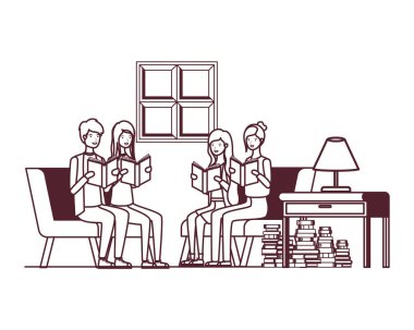 oturma odasında elinde kitap ile insanların grup