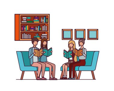 oturma odasında elinde kitap ile insanların grup