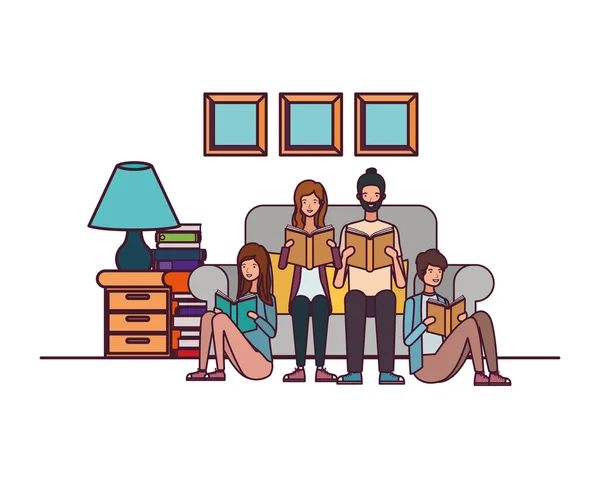Ομάδα ανθρώπων με βιβλίο στα χέρια στο σαλόνι — Διανυσματικό Αρχείο