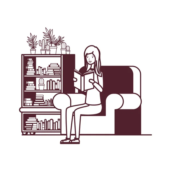 Силуэт женщины с книгой в руках в гостиной — стоковый вектор