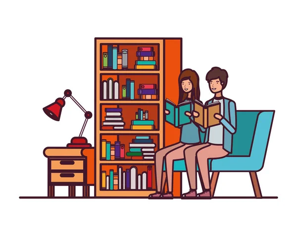 Paar mit Buch in der Hand im Wohnzimmer — Stockvektor
