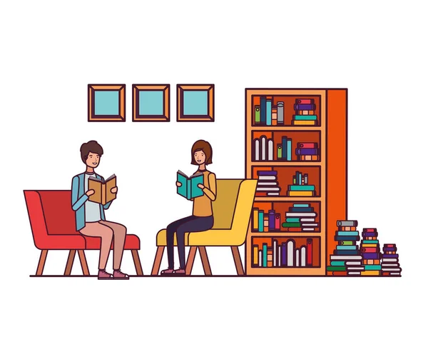 Par med bok i händerna i vardagsrummet — Stock vektor