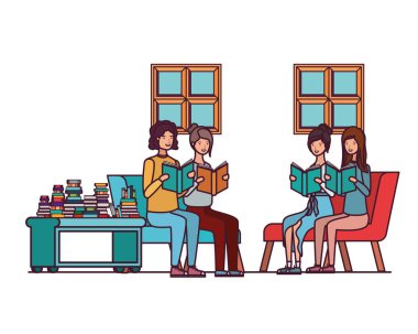 oturma odasında elinde kitap ile insanların grup