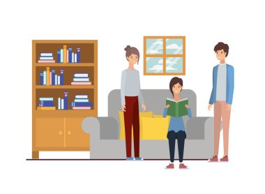 oturma odasında elinde kitap ile insanların grup