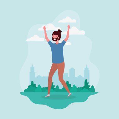 parkta karakter atlayan sakallı genç adam