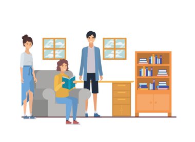 oturma odasında elinde kitap ile insanların grup