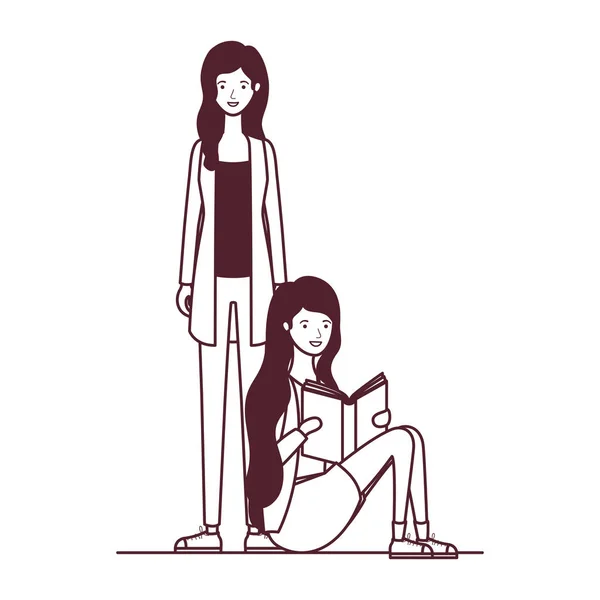 Silhouette de femmes assises avec livre dans les mains — Image vectorielle