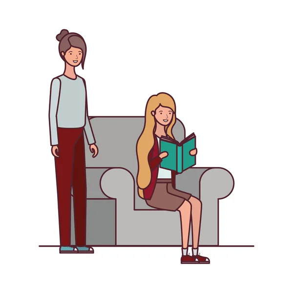 Elinde kitap ile sandalyede oturan kadınlar — Stok Vektör