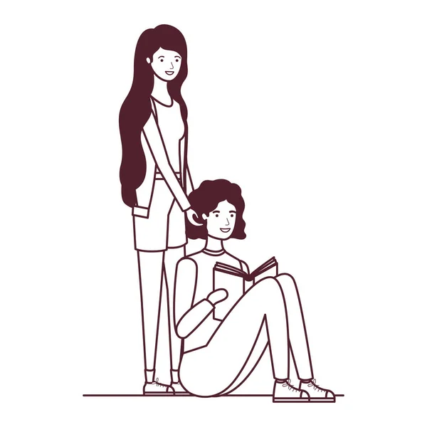 Silhouette eines Paares, das mit Buch in der Hand sitzt — Stockvektor