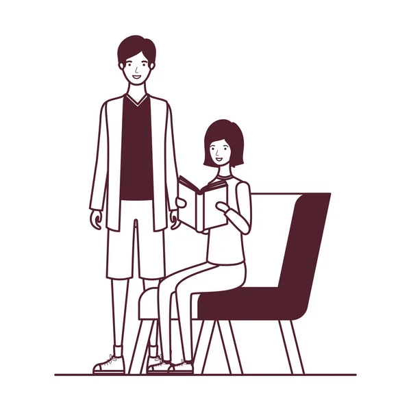 Silhueta de casal sentado na cadeira com livro em mãos — Vetor de Stock