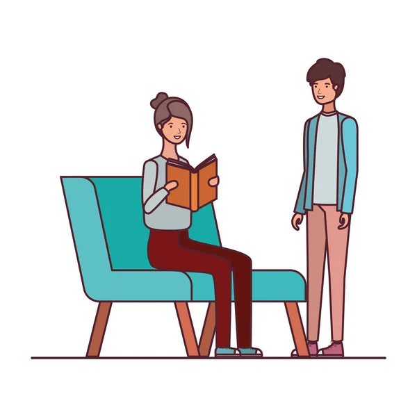 Elinde kitap ile sandalyede oturan çift — Stok Vektör