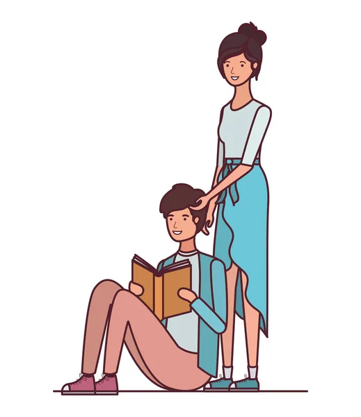 Pareja sentada con libro en las manos — Vector de stock