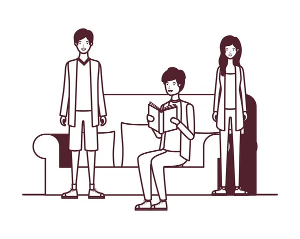 Silueta de grupo de personas sentadas en silla con libro en las manos — Vector de stock